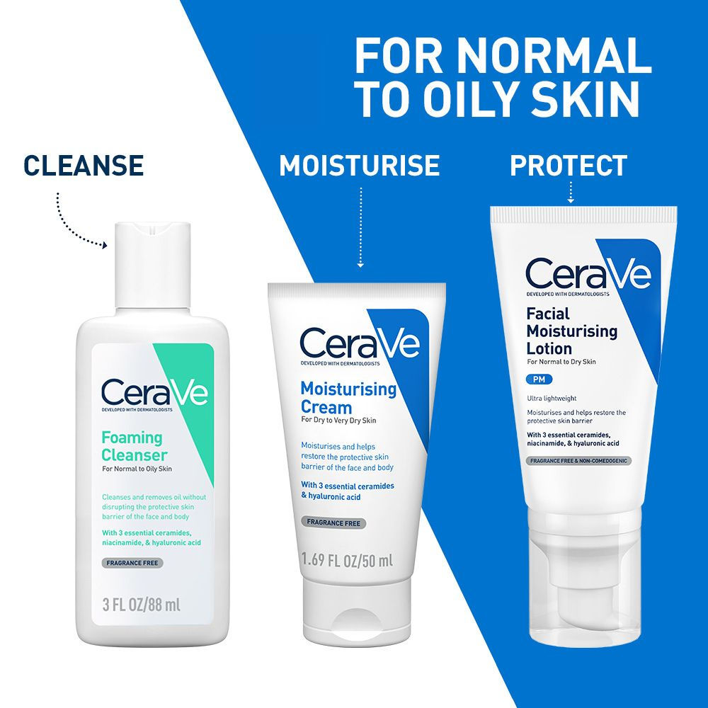 Facewash & Moisturizer Combo with Ceramides - Daily Skincare Routine For Normal To Oily Skin(2 pcs) CeraVe