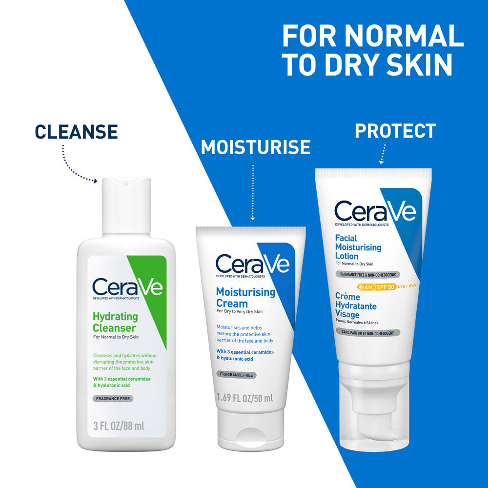 Morning Skincare Combo of Facewash, Moisturizer, SPF 50- Routine for Normal To Dry Skin CeraVe