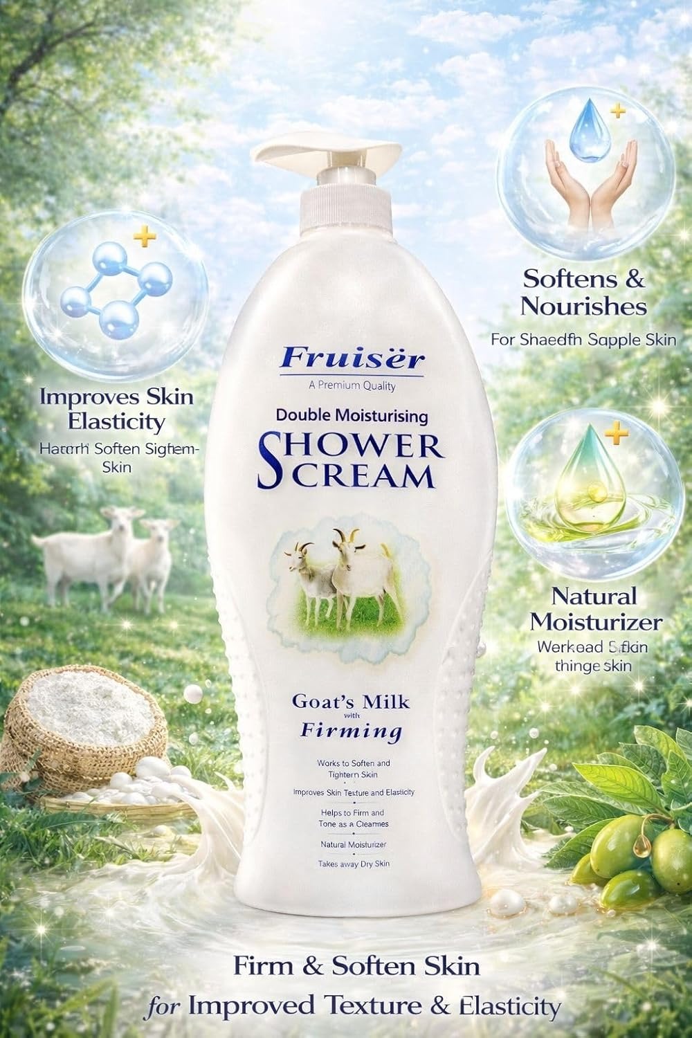 Double Moisturising Shower Cream - Goat’s Milk with Firming - 1000ml | Nourishing & Brightening Body Wash for Soft, Smooth, and Radiant Skin Fruiser