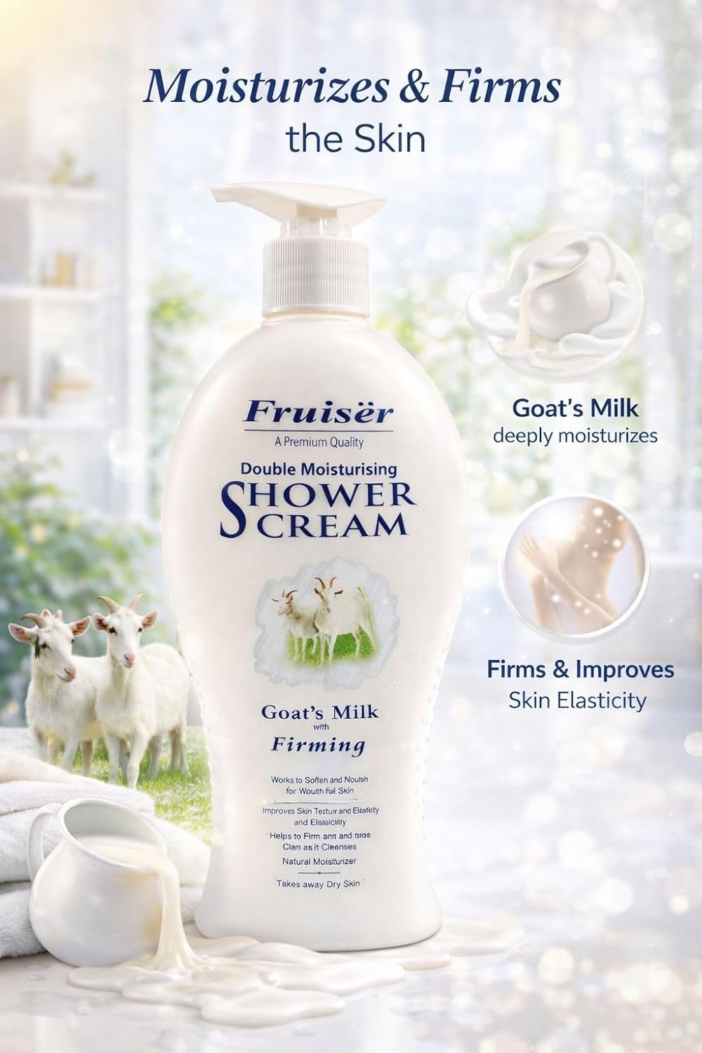 Double Moisturising Shower Cream - Goat’s Milk with Firming - 1000ml | Nourishing & Brightening Body Wash for Soft, Smooth, and Radiant Skin Fruiser
