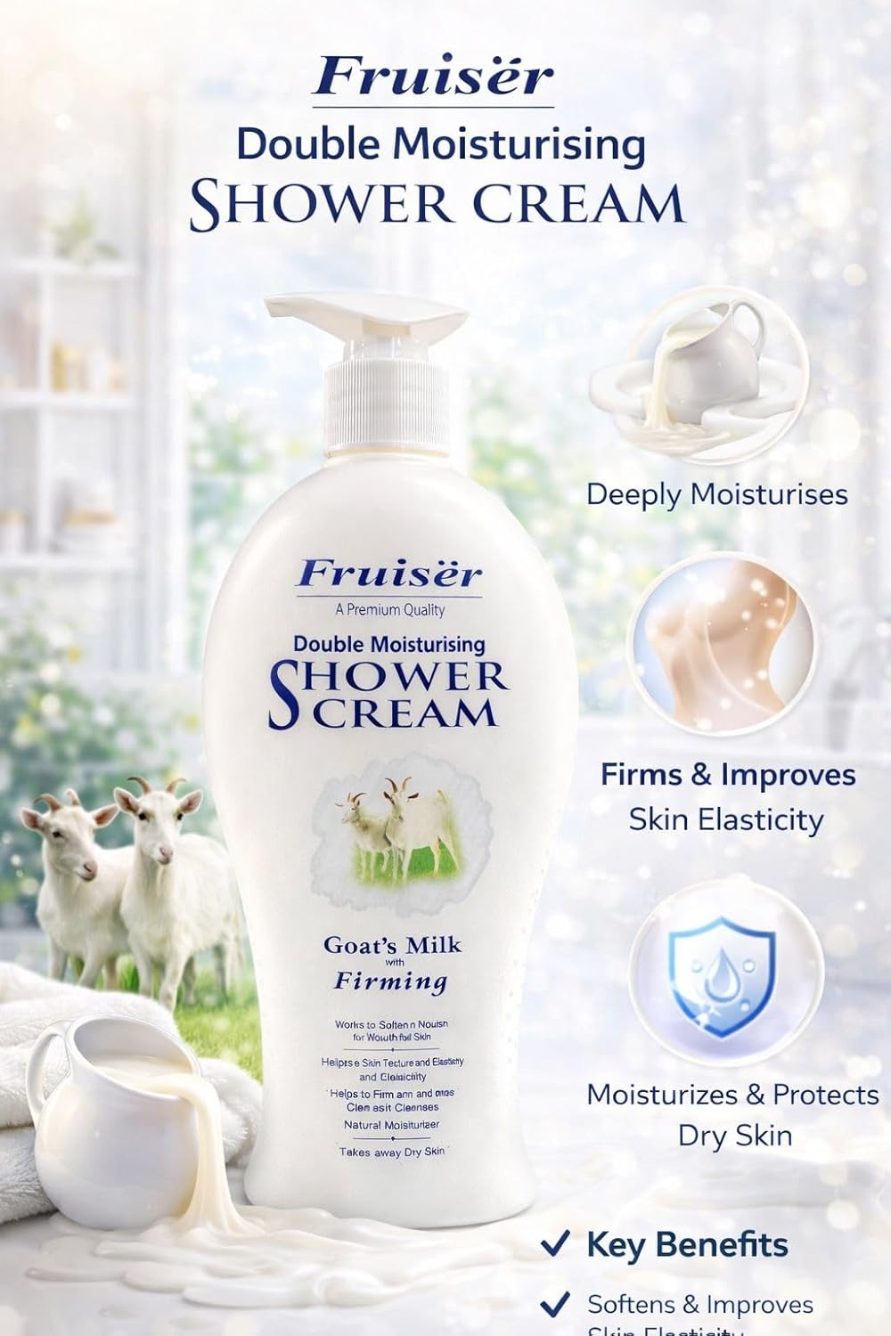 Double Moisturising Shower Cream - Goat’s Milk with Firming - 1000ml | Nourishing & Brightening Body Wash for Soft, Smooth, and Radiant Skin Fruiser