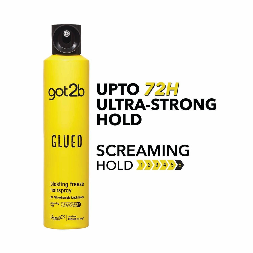 Glued Blasting Freeze Hairspray for Extreme Styling, Ultra Strong Hold Level 6, Long-Lasting Fixation, Vegan Formula - 100ml/300ml Got2b