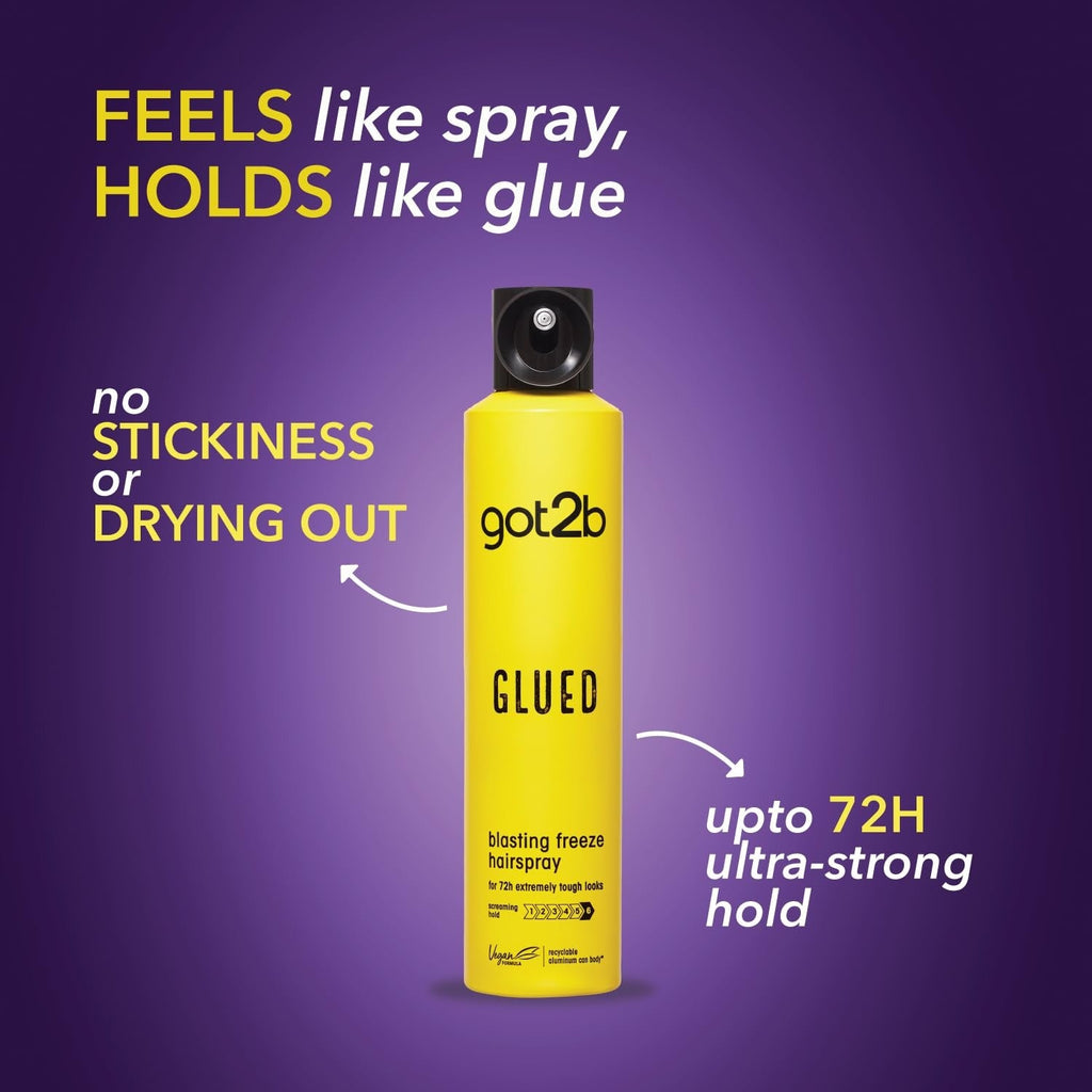 Glued Blasting Freeze Hairspray for Extreme Styling, Ultra Strong Hold Level 6, Long-Lasting Fixation, Vegan Formula - 100ml/300ml Got2b