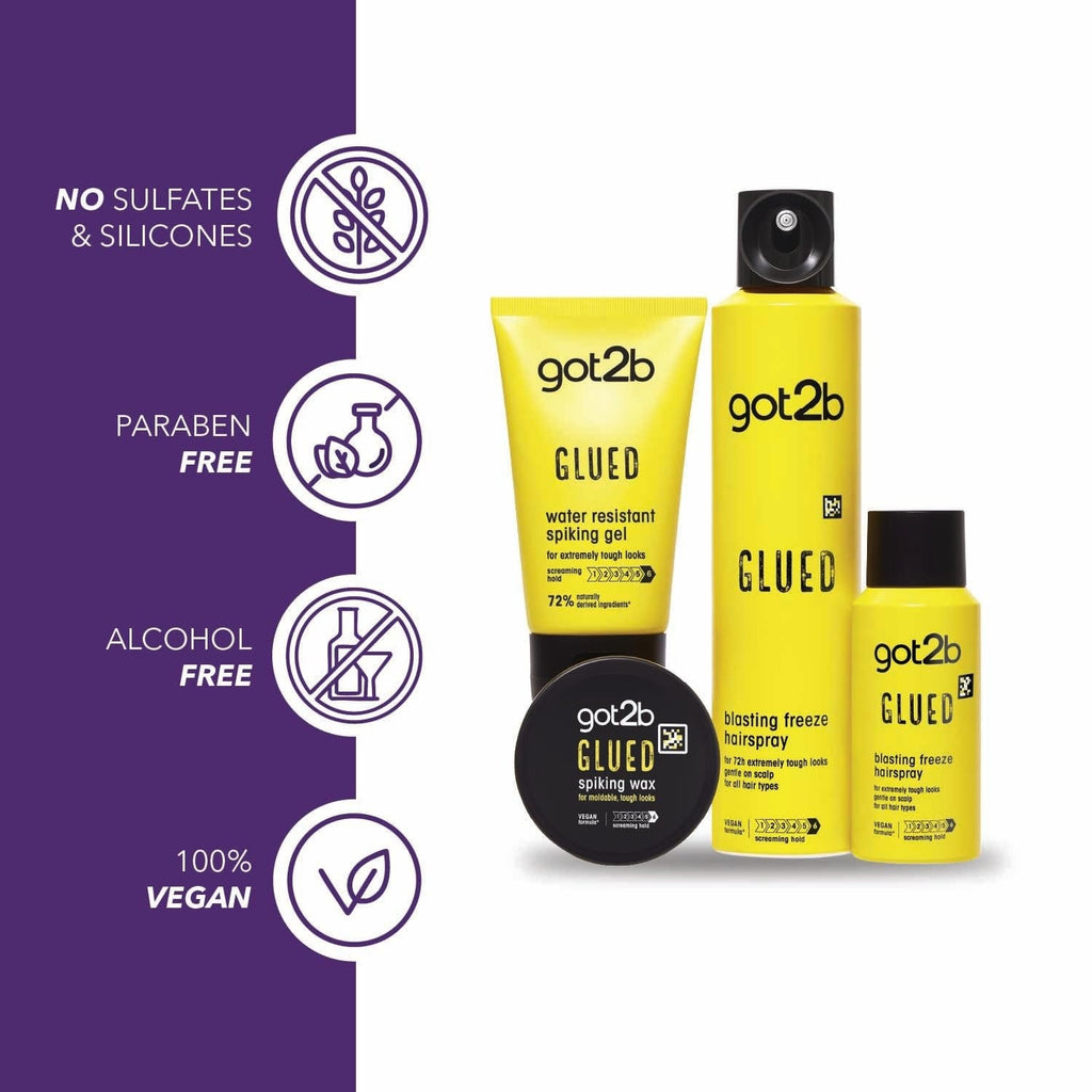 Glued Blasting Freeze Hairspray for Extreme Styling, Ultra Strong Hold Level 6, Long-Lasting Fixation, Vegan Formula - 100ml/300ml Got2b
