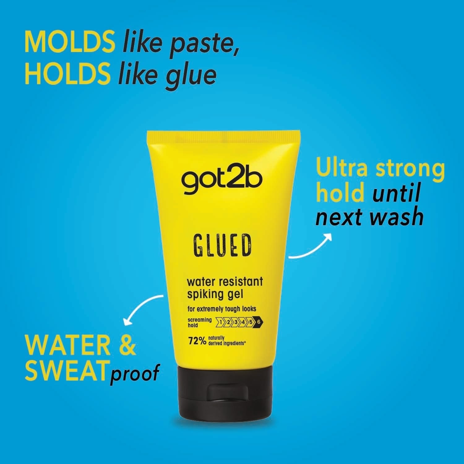 Glued Water Resistant Spiking Gel, Ultra Strong Hold Level 6, Long-Lasting Style Control, Vegan Formula - 150 ml Got2b