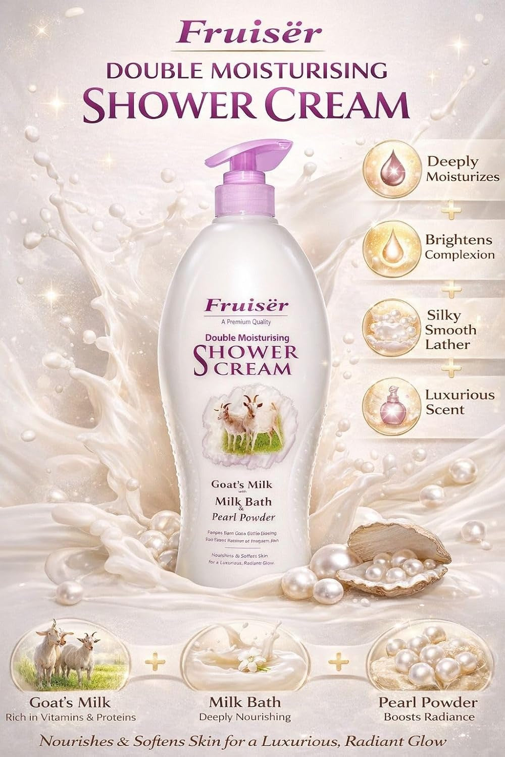 Click to see full view Fruiser Shower Cream Family Size | Hydrating & Nourising Body Wash | Gentle Daily Moisturizing Shower Gel for Dry & Sensitive Skin | Rich Cream Formula Bath Cleanser | 1000ml (Goat Milk + Pearl Powder) Fruiser