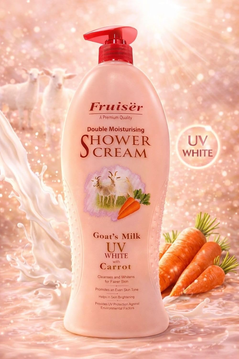 Fruiser Shower Cream Family Size | Hydrating & Nourising Body Wash | Gentle Daily Moisturizing Shower Gel for Dry & Sensitive Skin | Rich Cream Formula Bath Cleanser | 1000ml (Goat Milk UV White + Carrot) Fruiser