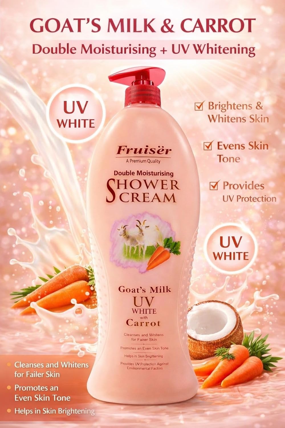 Shower Cream Family Size | Hydrating & Nourising Body Wash | Gentle Daily Moisturizing Shower Gel for Dry & Sensitive Skin | Rich Cream Formula Bath Cleanser | 1000ml (Goat Milk UV White + Carrot) Fruiser