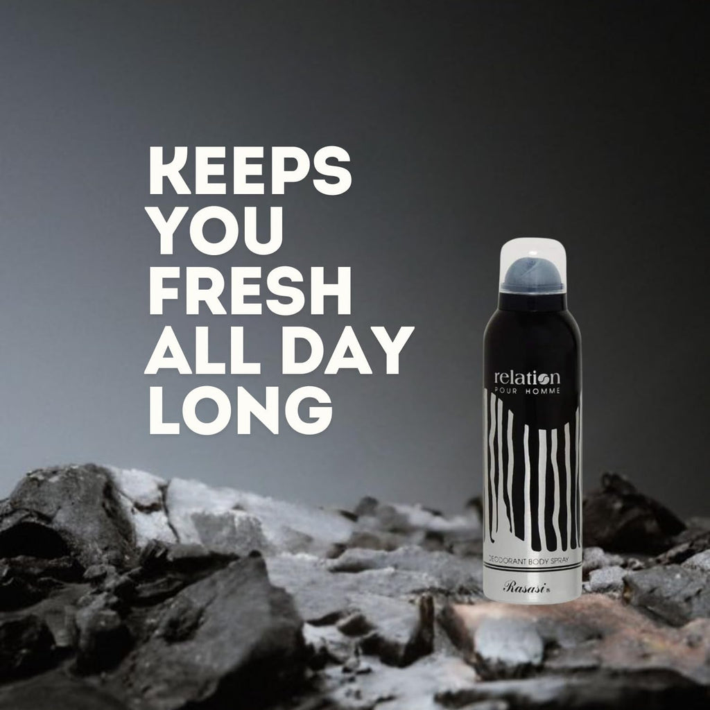 Relation Deodorant For Men - 200ml | Deodorant Body Spray | Skin Friendly Deo | Body Spray For Men | Long Lasting Body Spray | Odour Protection Rasasi