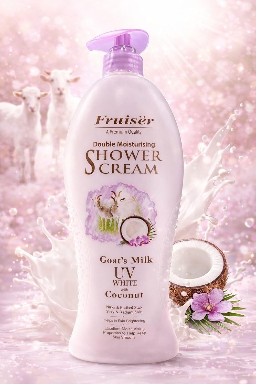 Double Moisturising Shower Cream - Goat’s Milk UV White with Coconut - 1000ml | Nourishing & Brightening Body Wash for Soft, Smooth, and Radiant Skin Fruiser