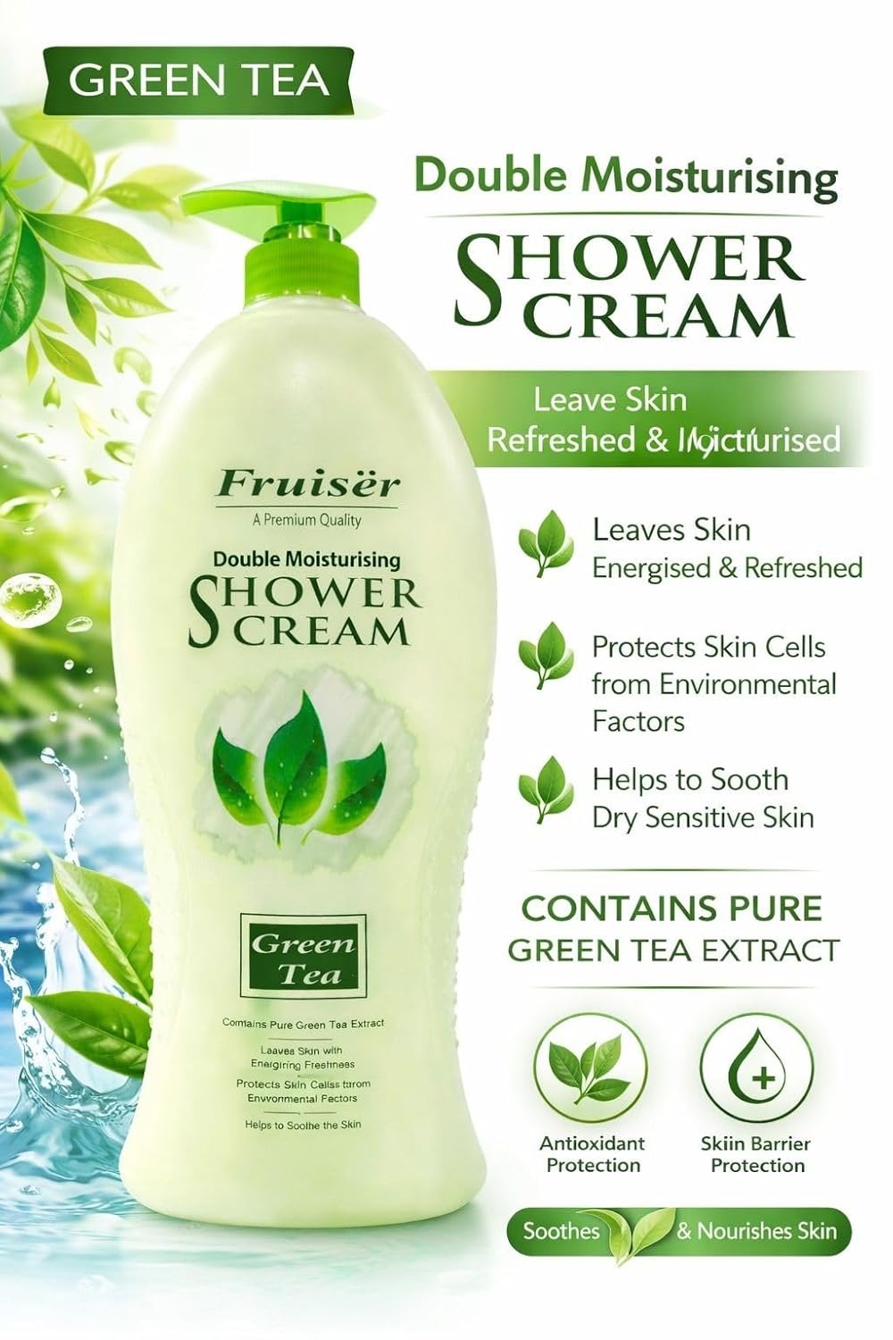 Double Moisturising Shower Cream - Green Tea- 1000ml | Nourishing & Brightening Body Wash for Soft, Smooth, and Radiant Skin Fruiser
